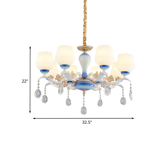 Modern Tapered Pendant Chandelier With 8 Bulbs Ivory Glass Crystal Suspension Light In Blue & White