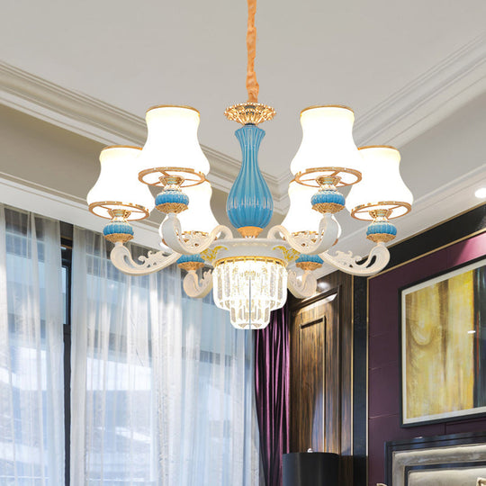 Contemporary 6-Head Blue and White Chandelier with Opal Glass and Crystal Pendant