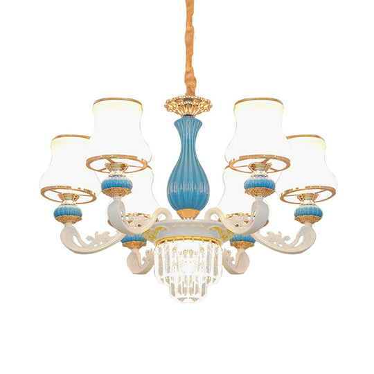 Contemporary 6-Head Blue and White Chandelier with Opal Glass and Crystal Pendant