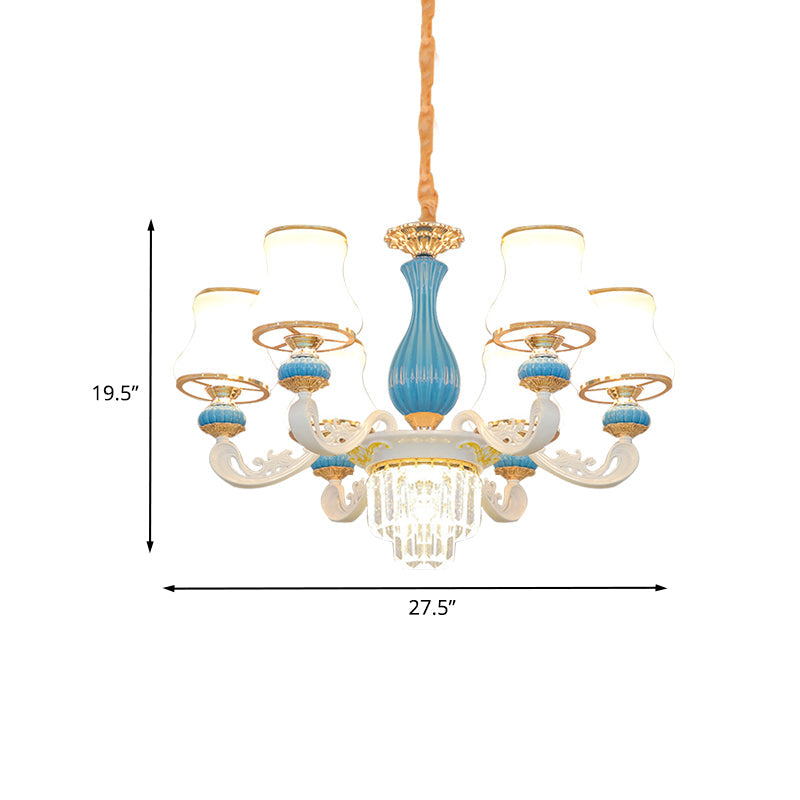 Contemporary 6-Head Blue and White Chandelier with Opal Glass and Crystal Pendant