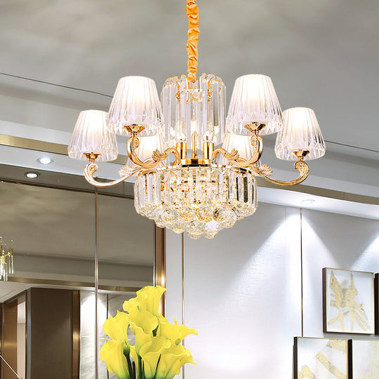 Gold Hanging Pendant Chandelier - 6-Light Contemporary Design with Clear Crystal Barrel for Restaurants