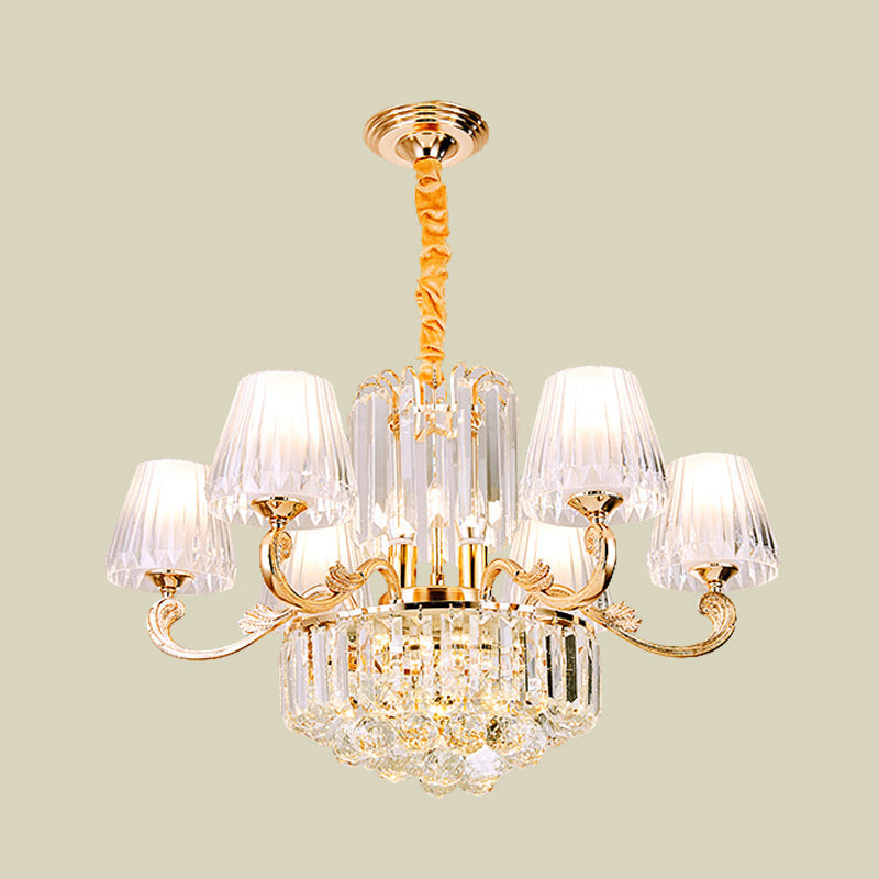 Contemporary 6-Light Gold Chandelier - Clear Crystal Barrel Pendant Ideal For Restaurants