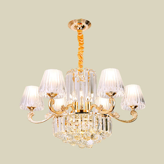 Contemporary 6-Light Gold Chandelier - Clear Crystal Barrel Pendant Ideal For Restaurants