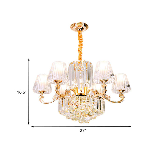 Contemporary 6-Light Gold Chandelier - Clear Crystal Barrel Pendant Ideal For Restaurants