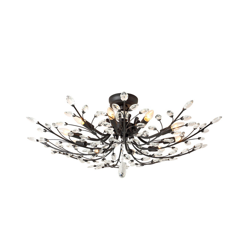 Beveled Crystal Semi-Flush Mount with 10 Minimalist Heads for Living Room in Black