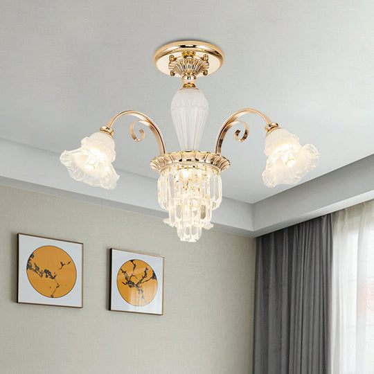 Contemporary Bloom Semi Flush Gold Light with Opal Glass & Crystal Accents