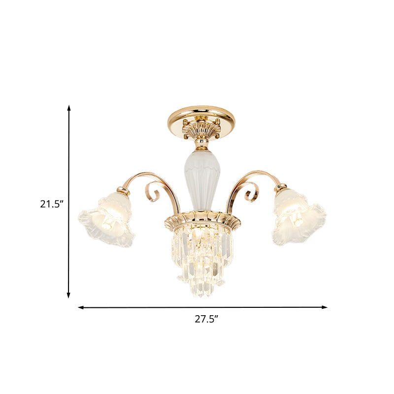 Contemporary Bloom Semi Flush Gold Light with Opal Glass & Crystal Accents