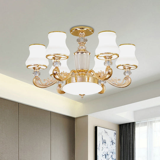 Simple Gold Frosted Glass Ceiling Light with Crystal Accent - 6-Light Flared Semi Flush Mount