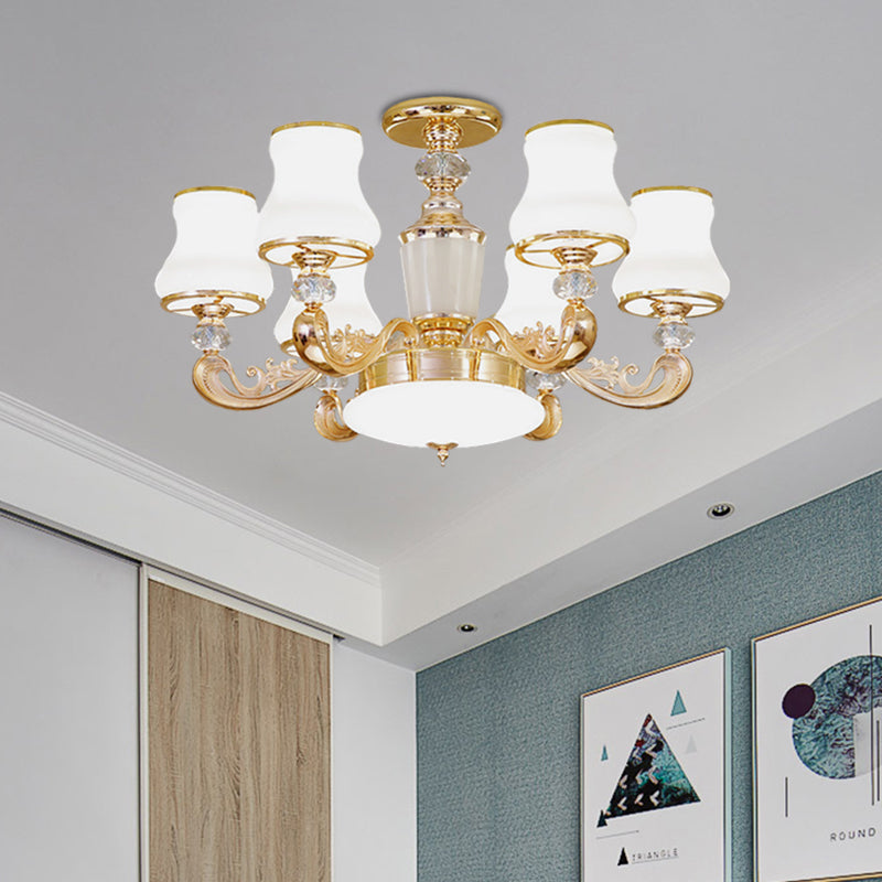 Simple Gold Frosted Glass Ceiling Light with Crystal Accent - 6-Light Flared Semi Flush Mount