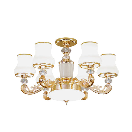 Simple Gold Frosted Glass Ceiling Light with Crystal Accent - 6-Light Flared Semi Flush Mount