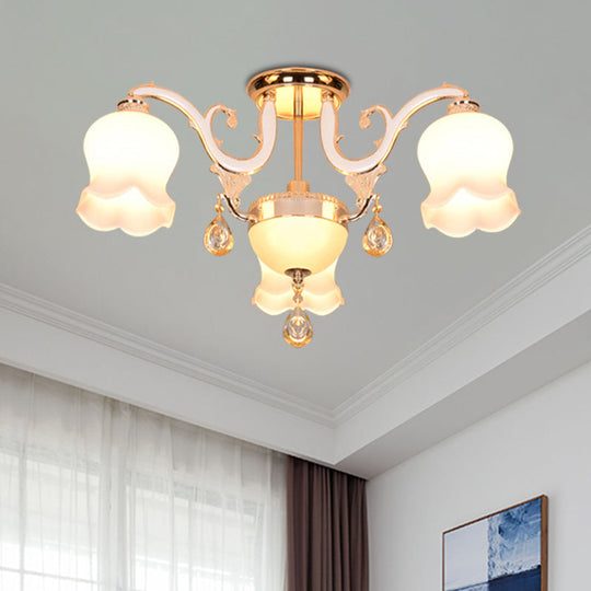 Simplicity Cream Glass Dining Room Ceiling Light with Gold Crystal Semi Flush - 4 Heads