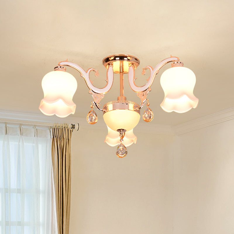 Simplicity Cream Glass Dining Room Ceiling Light with Gold Crystal Semi Flush - 4 Heads