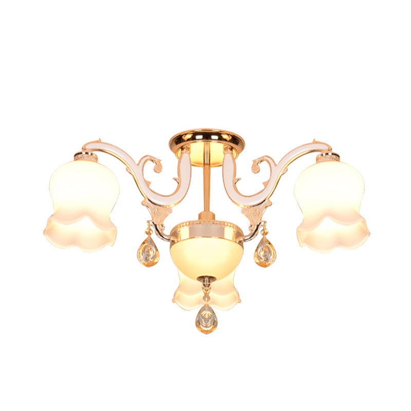 Simplicity Cream Glass Dining Room Ceiling Light with Gold Crystal Semi Flush - 4 Heads