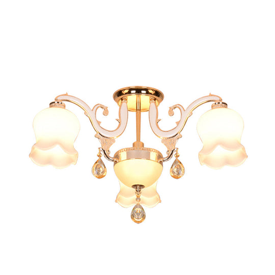 Simplicity Cream Glass Dining Room Ceiling Light With Gold Crystal Semi Flush - 4 Heads