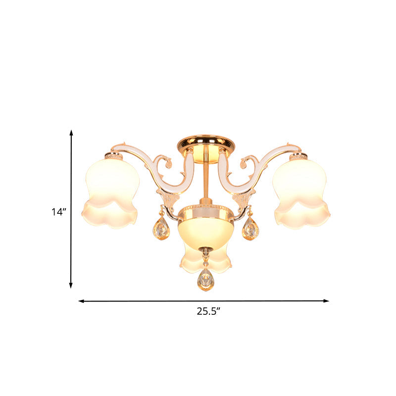 Simplicity Cream Glass Dining Room Ceiling Light with Gold Crystal Semi Flush - 4 Heads