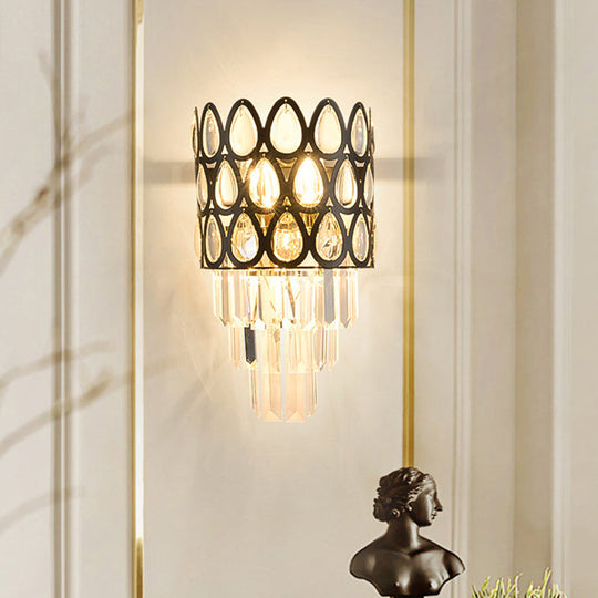 Minimalist 3-Bulb Crystal Wall Sconce In Black For Living Room