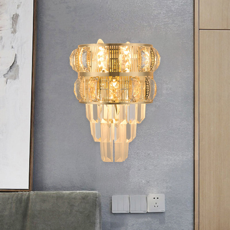 Modern Gold Wall Lamp With Clear K9 Crystal 3-Bulb Layered Design