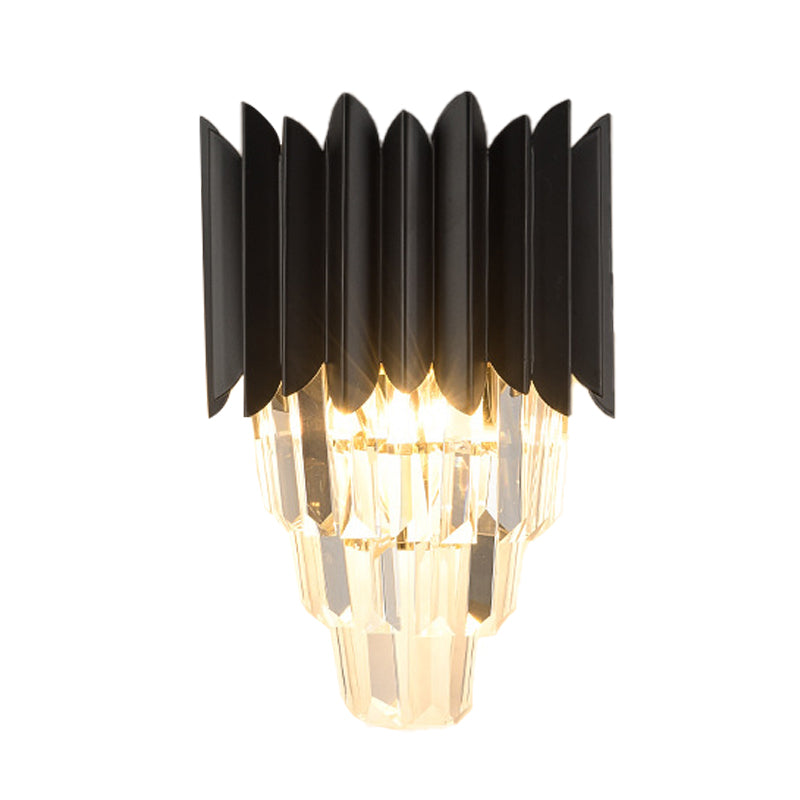 Minimalistic 2-Head Wall Lighting For Bedroom With Crystal Tiered Shade In Black