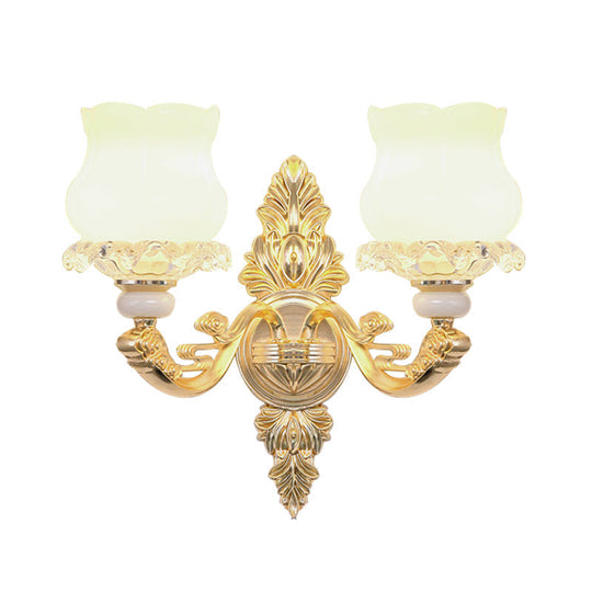 Gold Crystal Wall Mounted Light With 2 Cream Glass Bloom Heads - Simplicity For Living Room