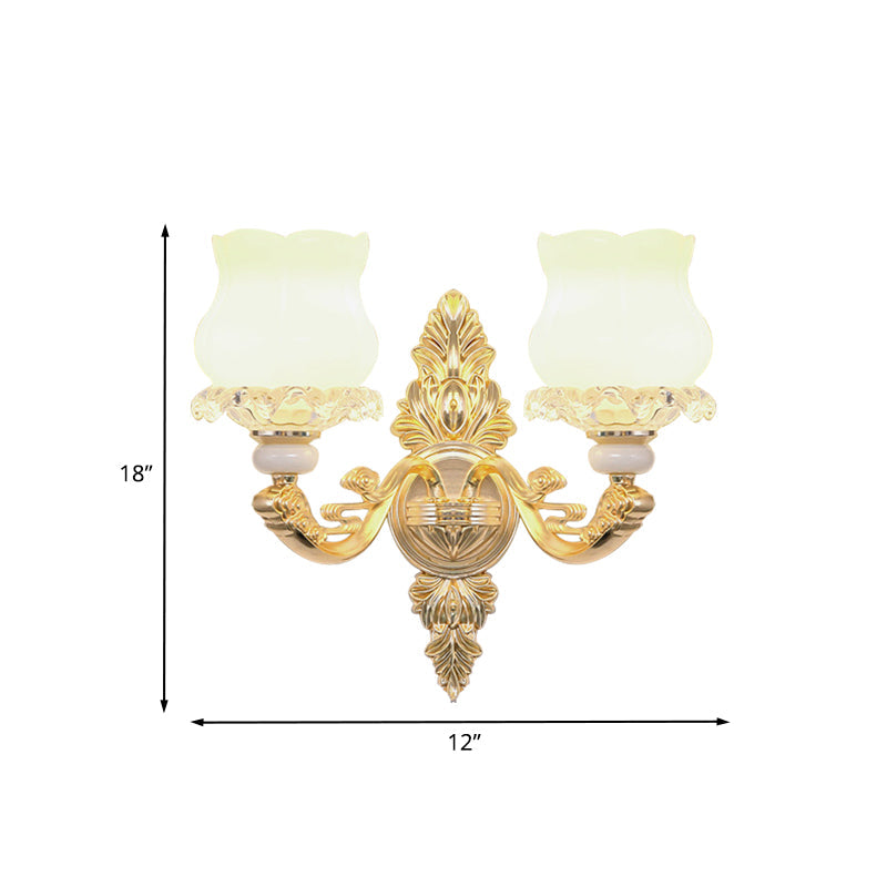 Gold Crystal Wall Mounted Light With 2 Cream Glass Bloom Heads - Simplicity For Living Room