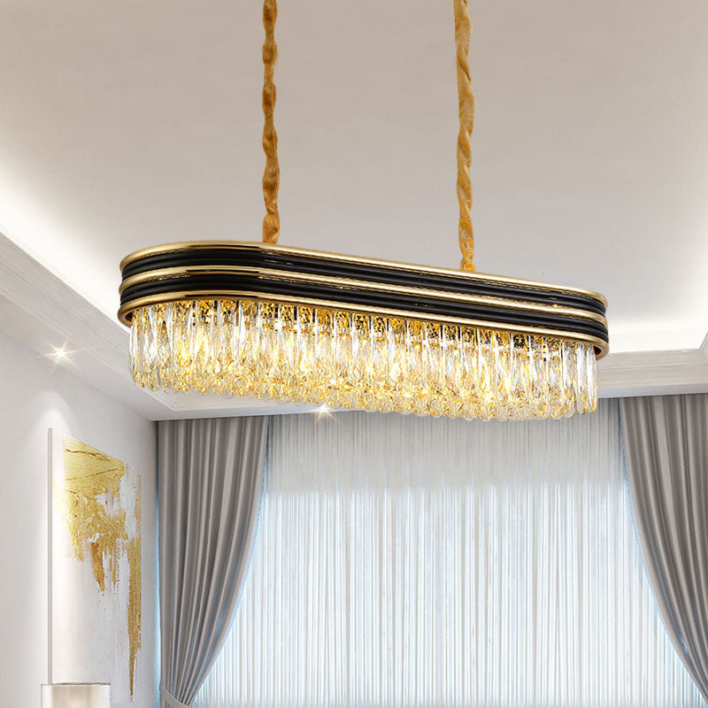 10-Light Crystal Pendant Island Ceiling Light In Black And Gold - Simplicity Oblong Design