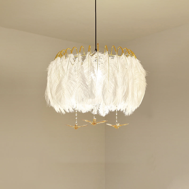 Minimalist 4-Head White Feather Metal Chandelier Light Fixture for Bedroom