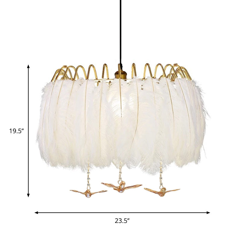 Minimalist 4-Head White Feather Metal Chandelier Light Fixture for Bedroom