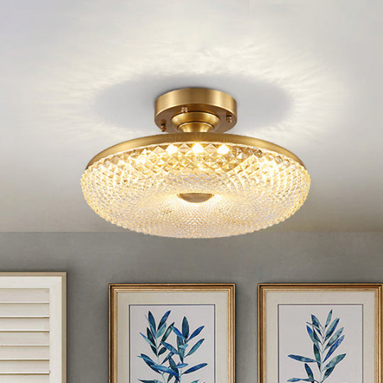 7-Head Gold Semi Flush Mount Ceiling Light with Clear Ribbed Crystal – Postmodern Doughnut Design