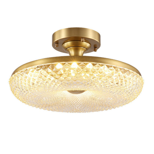 7-Head Gold Semi Flush Mount Ceiling Light with Clear Ribbed Crystal – Postmodern Doughnut Design