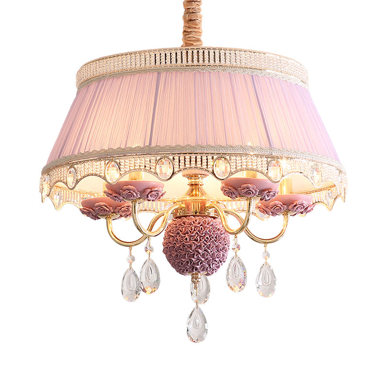 Pastoral Style Ceramic Chandelier With Hanging Light And Pleated Lamp Shade - Set Of 5 Candlestick