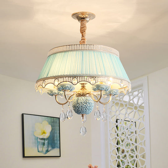 Pastoral Style Ceramic Chandelier With Hanging Light And Pleated Lamp Shade - Set Of 5 Candlestick