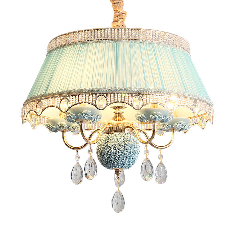 Pastoral Style Ceramic Chandelier With Hanging Light And Pleated Lamp Shade - Set Of 5 Candlestick