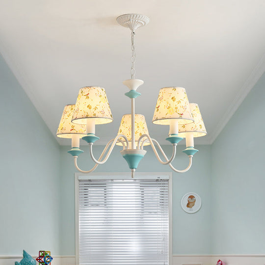 Blue Conical Pendant Chandelier With Printed Fabric - 5 Lights Pastoral Style