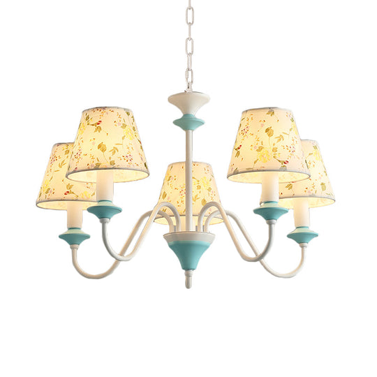 Blue Conical Pendant Chandelier With Printed Fabric - 5 Lights Pastoral Style