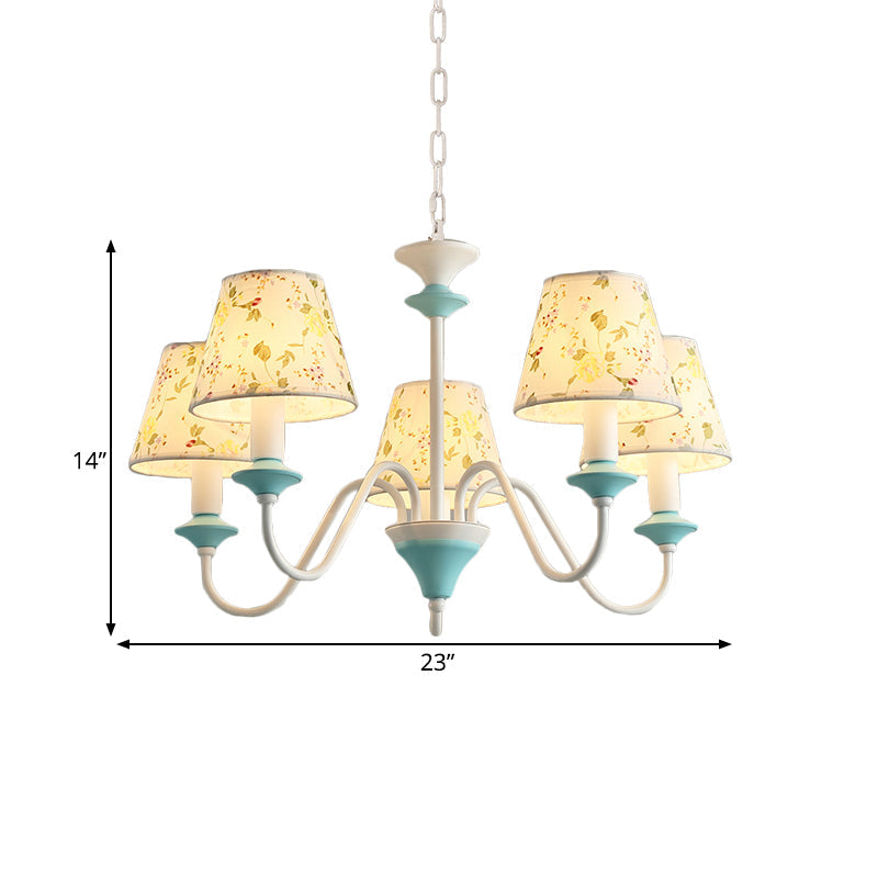 Blue Conical Pendant Chandelier With Printed Fabric - 5 Lights Pastoral Style