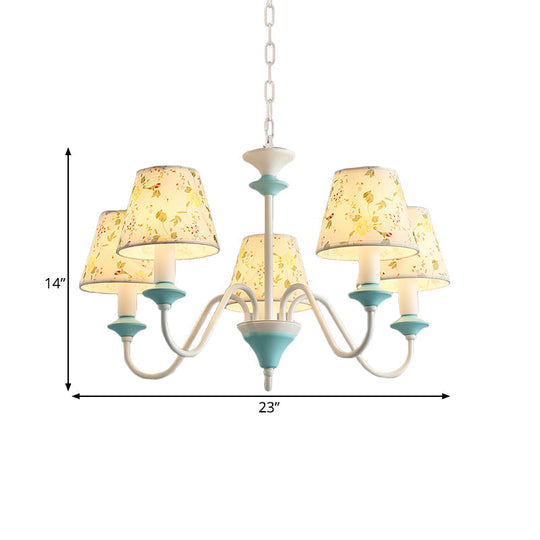 Blue Conical Pendant Chandelier With Printed Fabric - 5 Lights Pastoral Style