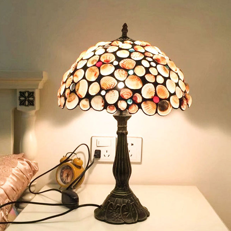 8/12 Wide Tiffany Style Bronze Shell Nightstand Lamp With Bowl-Shaped Design For Bedroom