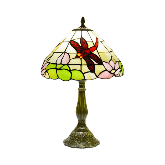 Stained Glass Cone Night Lamp Tiffany Bronze Finish - Handcrafted Dragonfly & Lotus Pattern 1-Light