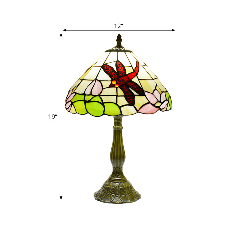 Stained Glass Cone Night Lamp Tiffany Bronze Finish - Handcrafted Dragonfly & Lotus Pattern 1-Light