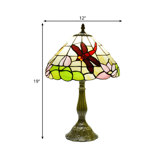 Stained Glass Cone Night Lamp Tiffany Bronze Finish - Handcrafted Dragonfly & Lotus Pattern 1-Light