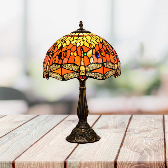 Dragonfly Stained Glass Tiffany Night Lamp - Elegant 1-Head Table Light In White/Yellow/Orange For