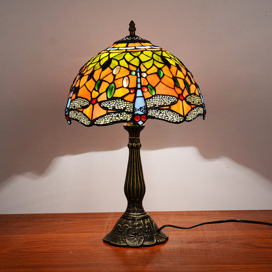 Dragonfly Stained Glass Tiffany Night Lamp - Elegant 1-Head Table Light In White/Yellow/Orange For