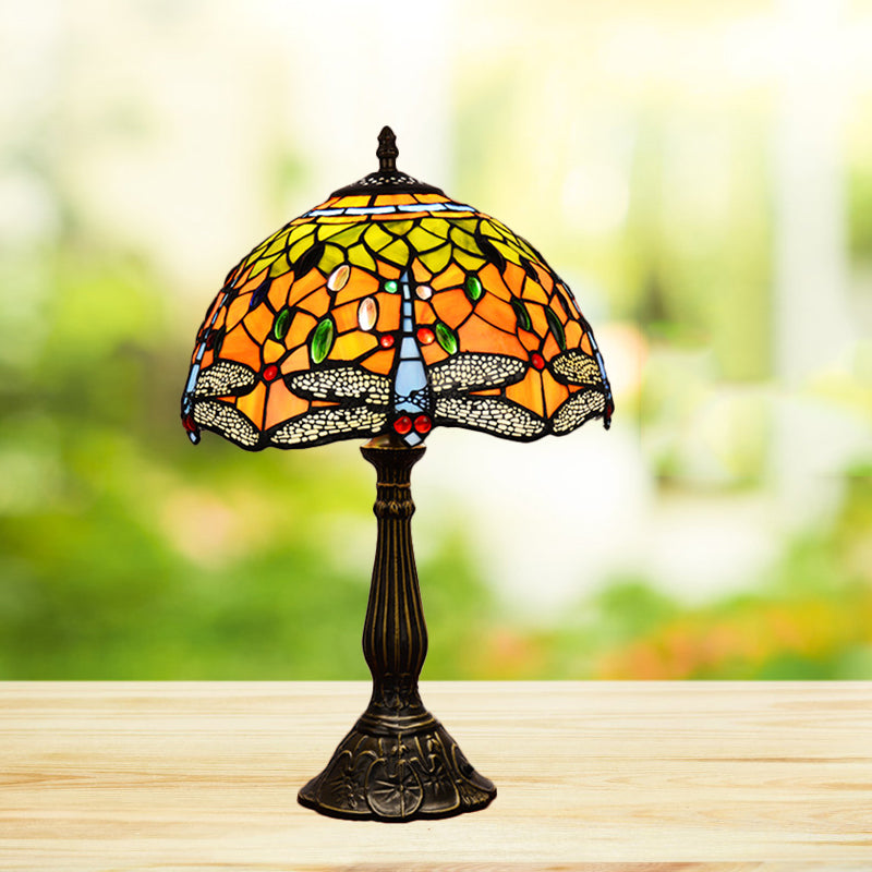 Dragonfly Stained Glass Tiffany Night Lamp - Elegant 1-Head Table Light In White/Yellow/Orange For