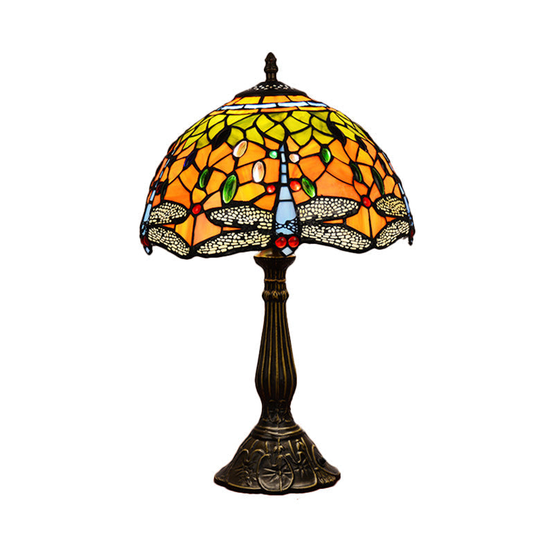 Dragonfly Stained Glass Tiffany Night Lamp - Elegant 1-Head Table Light In White/Yellow/Orange For