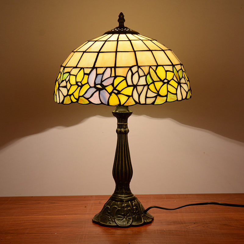 Tiffany Cut Glass Night Lamp With Gridded Bronze Shade - Flower-Border Design