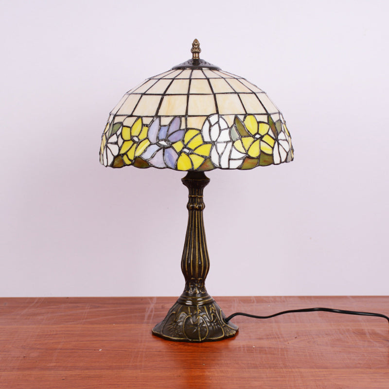 Tiffany Cut Glass Night Lamp With Gridded Bronze Shade - Flower-Border Design