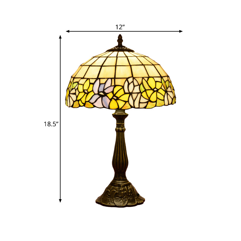 Tiffany Cut Glass Night Lamp With Gridded Bronze Shade - Flower-Border Design