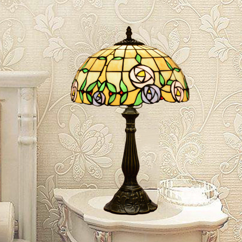 Tiffany Bronze Bedside Lamp With Rose Patterned Stained Glass Shade