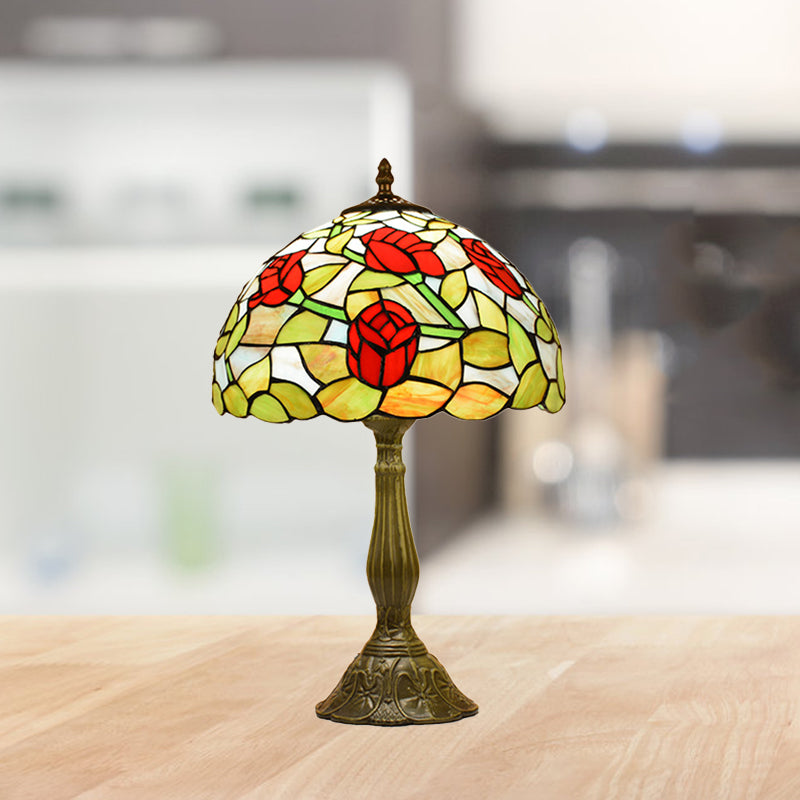 Tiffany-Style Red/Orange Art Glass Table Lamp Bronze Finish Ideal For Living Room Décor