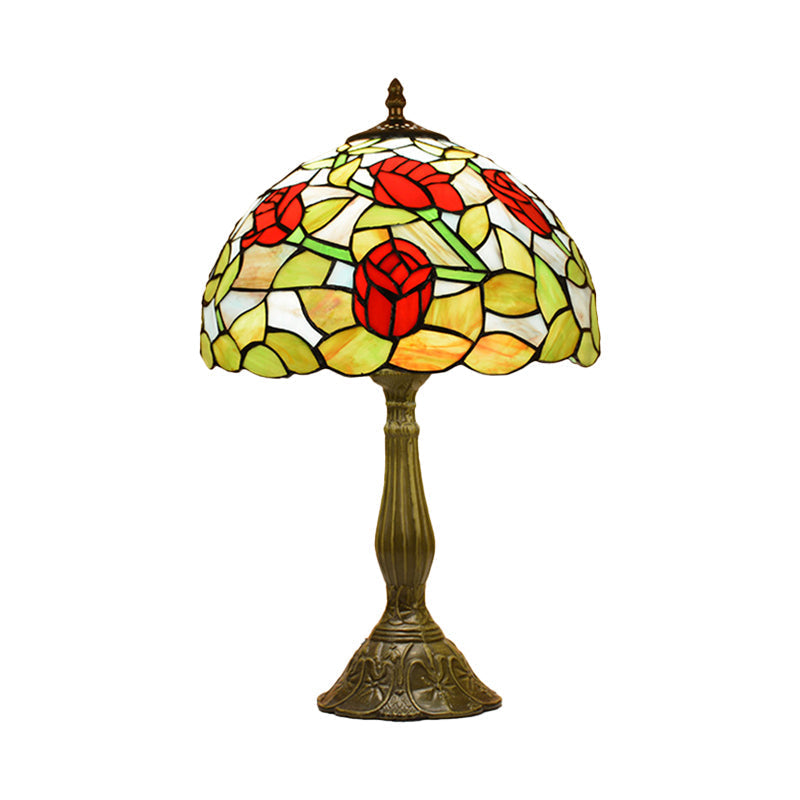 Tiffany-Style Red/Orange Art Glass Table Lamp Bronze Finish Ideal For Living Room Décor